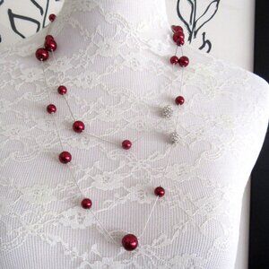 Single strand "flapper" necklace cranberry satin finish beading & rhinestones